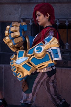 A cosplayer dressed as a game character with a detailed golden and blue robotic gauntlet.
