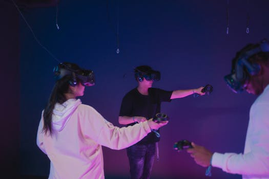 A group of young adults engaging in immersive virtual reality gaming indoors.