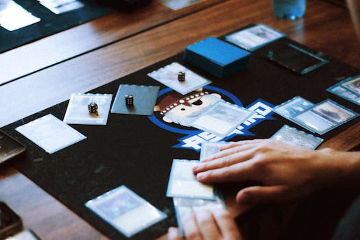 A tabletop card game setup with playing cards, dice, and a mat on a wooden table.