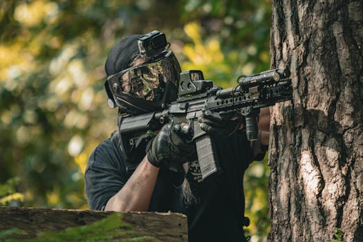 Airsoft enthusiast wearing camouflage gear stealthily hides behind a tree during a tactical game.