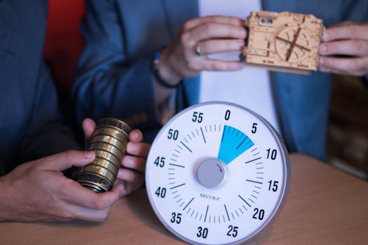 Close-up of hands holding puzzle lock and timer in escape room setting.