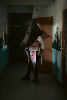 Conceptual photo of a person in a Pyramid Head costume in a shadowy corridor, evoking eerie suspense.