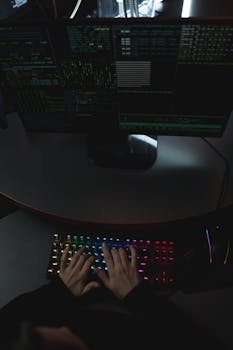 Hands typing on a rainbow-lit keyboard with code displayed on dual monitors.
