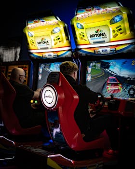 People enjoying an intense arcade racing game session, capturing the thrill and fun of Daytona Championship USA.