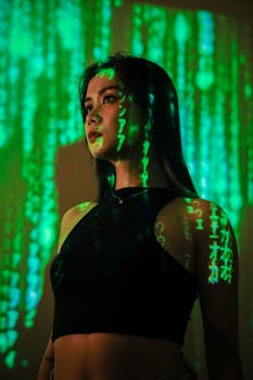 Portrait of a woman with digital matrix-style projections on her face and body